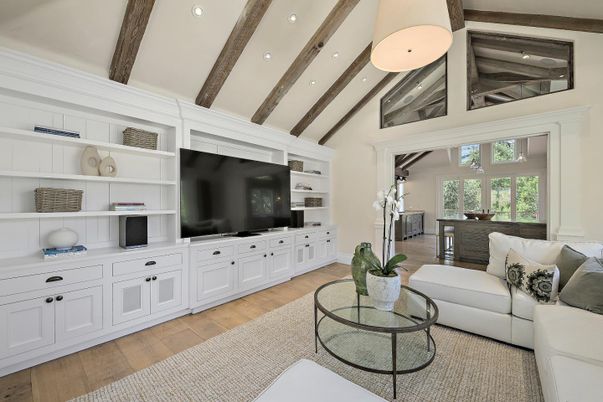 Interior, Living room, Recessed Lighting, Wooden Beams, Wood Texture Flooring