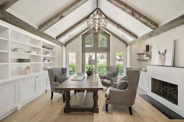 Chandelier, Fireplace, Home Office, Interior, Pendant Lights, Wooden Beams, Wood Texture Flooring