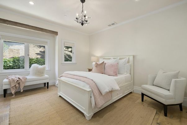 Bedroom, Chandelier, Interior, Recessed Lighting, Wood Texture Flooring