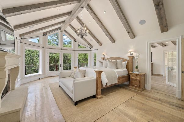 Bedroom, Chandelier, Fireplace, Interior, Recessed Lighting, Wooden Beams, Wood Texture Flooring