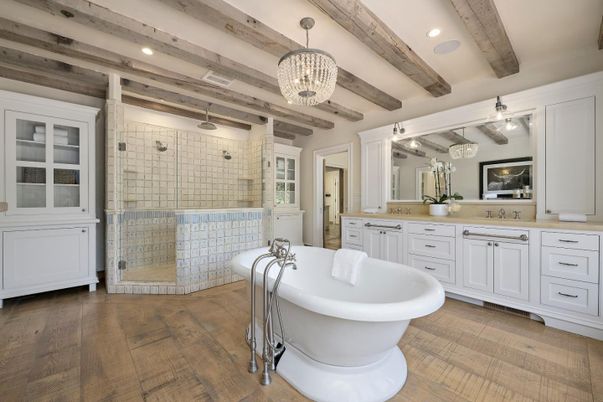Bathroom, Chandelier, Dual Sink Vanities, Free Standing Baths, Glass Shower, Interior, Pendant Lights, Recessed Lighting, Wooden Beams, Wood Texture Flooring
