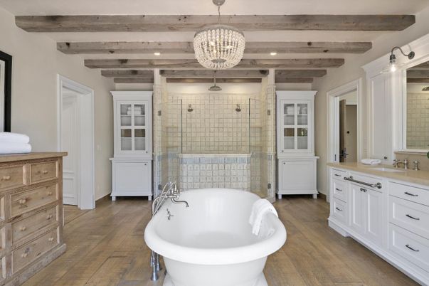 Bathroom, Chandelier, Free Standing Baths, Glass Shower, Interior, Recessed Lighting, Wooden Beams, Wood Texture Flooring