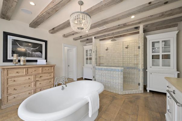 Bathroom, Chandelier, Free Standing Baths, Glass Shower, Interior, Recessed Lighting, Wooden Beams, Wood Texture Flooring