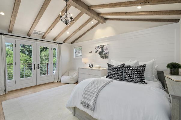 Bedroom, Chandelier, Interior, Recessed Lighting, Wooden Beams, Wood Texture Flooring