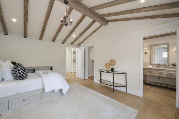 Bedroom, Chandelier, Interior, Recessed Lighting, Wooden Beams, Wood Texture Flooring