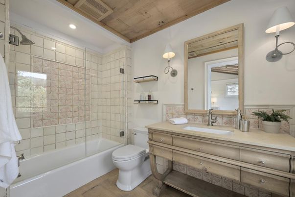 Bathroom, Glass Shower, Interior, Recessed Lighting, Wooden Ceilings, Wood Texture Flooring