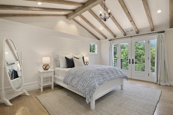 Bedroom, Chandelier, Interior, Recessed Lighting, Wooden Beams, Wood Texture Flooring