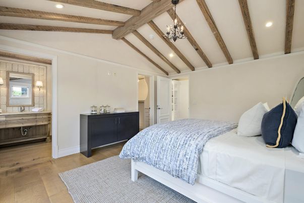 Bedroom, Chandelier, Interior, Recessed Lighting, Wooden Beams, Wood Texture Flooring