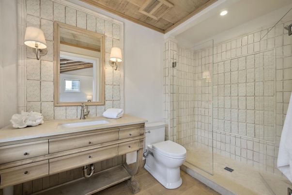 Bathroom, Glass Shower, Interior, Recessed Lighting, Wood Texture Flooring