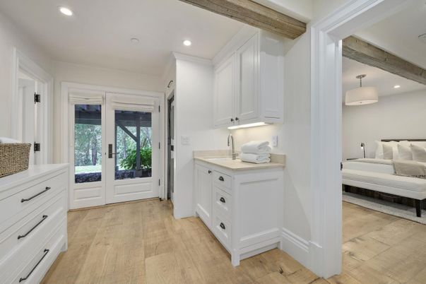 Bedroom, Interior, Pendant Lights, Recessed Lighting, Wooden Beams, Wood Texture Flooring