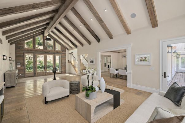 Dining room, Interior, Recessed Lighting, Wooden Beams, Wood Texture Flooring