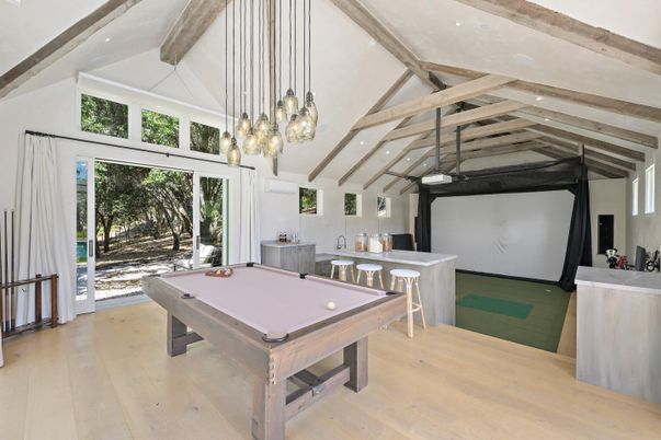 Billiard Table, Game Room, Interior, Pendant Lights, Recessed Lighting, Wooden Beams, Wood Texture Flooring