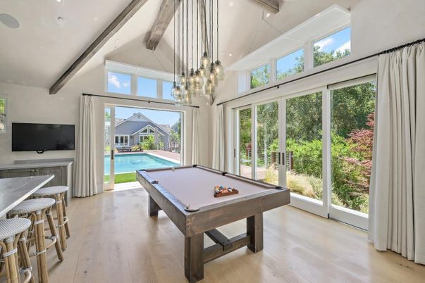 Billiard Table, Game Room, Interior, Pendant Lights, Recessed Lighting, Wooden Beams, Wood Texture Flooring