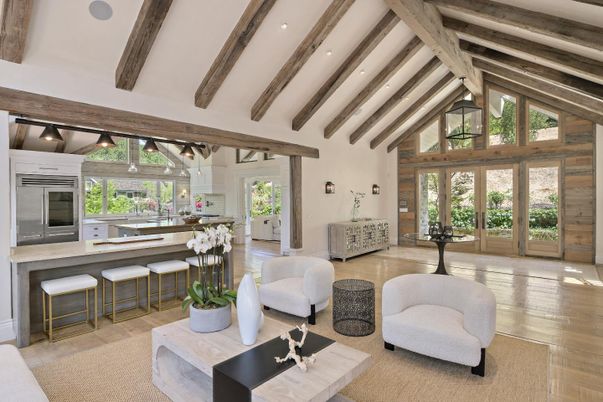 Interior, Kitchen, Living room, Pendant Lights, Recessed Lighting, Wooden Beams, Wood Texture Flooring
