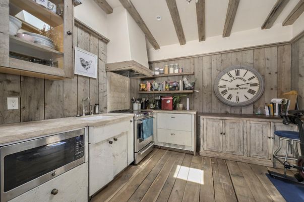 Interior, Kitchen, Recessed Lighting, Stainless Steel Appliances, Wooden Beams, Wood Texture Flooring, Wooden Walls