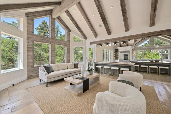 Interior, Kitchen, Living room, Recessed Lighting, Wooden Beams, Wood Texture Flooring, Wooden Walls