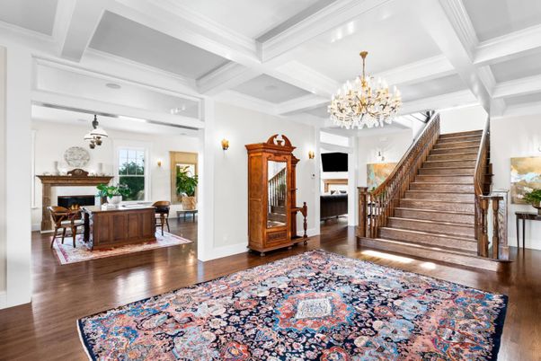Chandelier, Fireplace, Interior, Recessed Lighting, Wood Texture Flooring