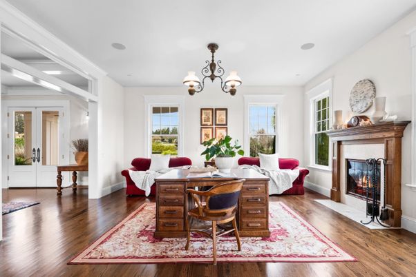 Chandelier, Fireplace, Home Office, Interior, Living room, Wood Texture Flooring