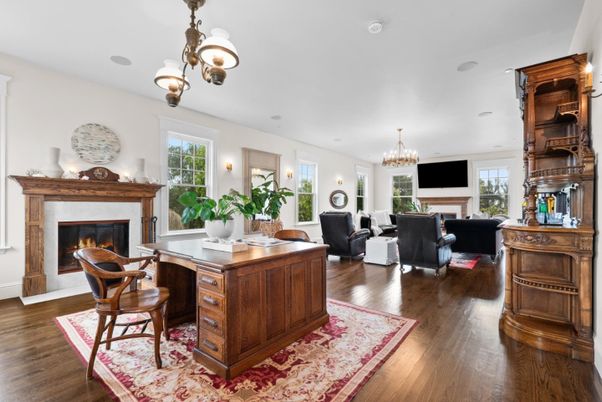 Chandelier, Fireplace, Home Office, Interior, Living room, Recessed Lighting, Wood Texture Flooring