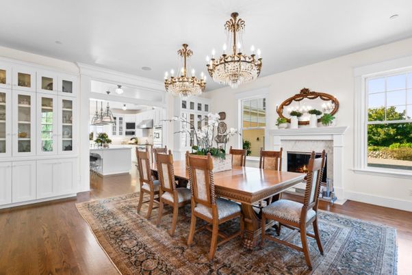 Chandelier, Dining room, Fireplace, Interior, Kitchen, Wood Texture Flooring