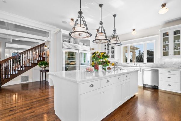 Interior, Kitchen, Pendant Lights, Stainless Steel Appliances, Wood Texture Flooring