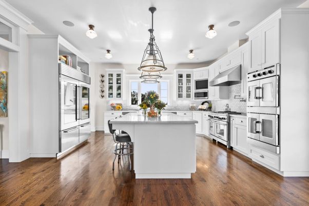 Interior, Kitchen, Pendant Lights, Stainless Steel Appliances, Wood Texture Flooring