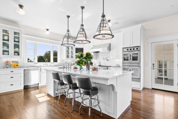 Interior, Kitchen, Pendant Lights, Stainless Steel Appliances, Wood Texture Flooring