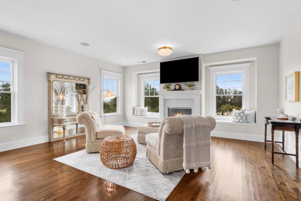 Fireplace, Interior, Living room, Recessed Lighting, Wood Texture Flooring