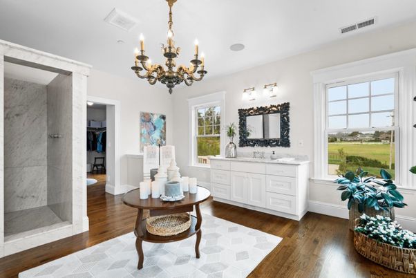 Bathroom, Chandelier, Dual Sink Vanities, Interior, Marble Walls, Wood Texture Flooring
