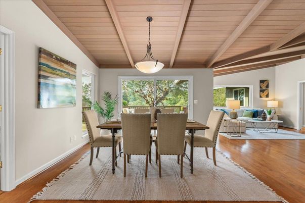 Dining room, Interior, Living room, Pendant Lights, Wooden Beams, Wooden Ceilings, Wood Texture Flooring