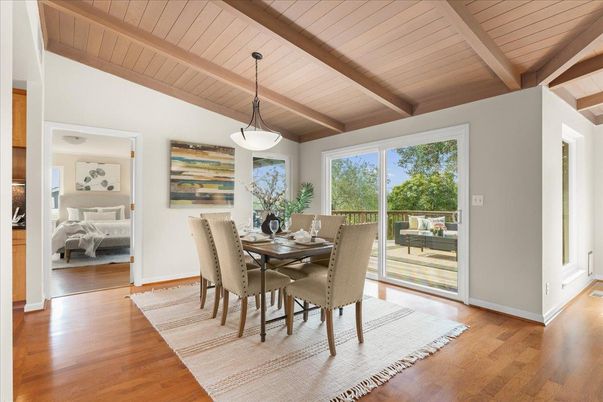 Dining room, Interior, Pendant Lights, Wooden Beams, Wooden Ceilings, Wood Texture Flooring