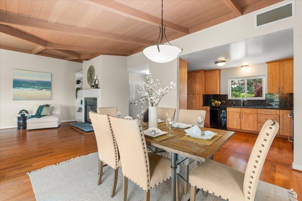 Dining room, Fireplace, Interior, Kitchen, Pendant Lights, Wooden Beams, Wooden Ceilings, Wood Texture Flooring