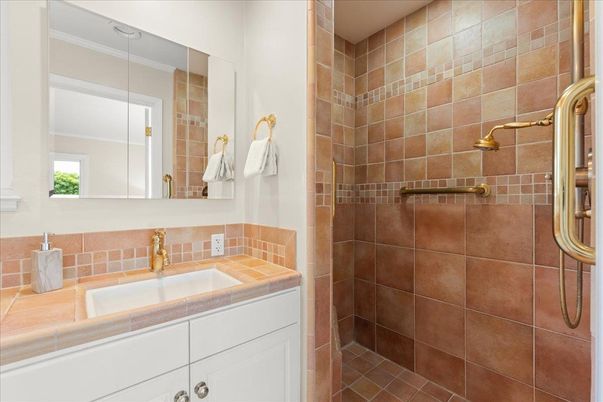 Bathroom, Glass Shower, Interior, Stone Walls, Tile Countertops