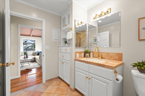 Bathroom, Interior, Tile Countertops, Wood Texture Flooring
