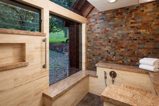 Bathroom, Interior, Recessed Lighting, Stone Walls