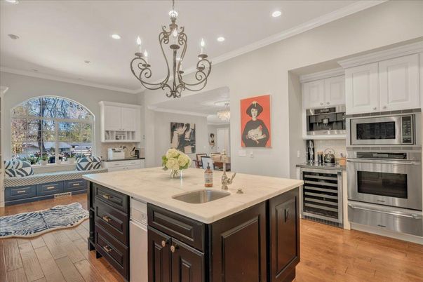 Chandelier, Interior, Kitchen, Recessed Lighting, Stainless Steel Appliances, Wood Texture Flooring