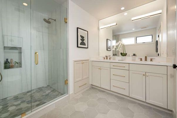 Bathroom, Dual Sink Vanities, Glass Shower, Interior, Recessed Lighting