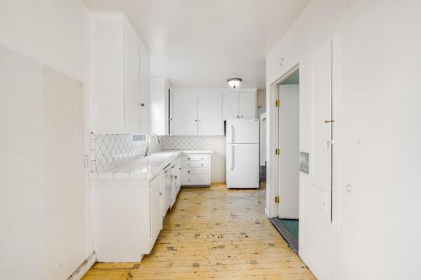 Interior, Kitchen, Tile Countertops, Wood Texture Flooring