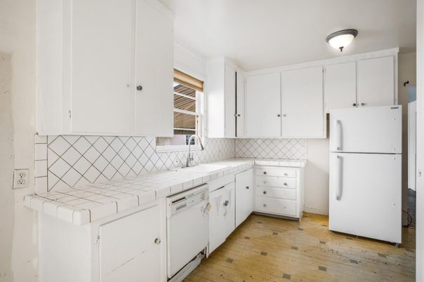Interior, Kitchen, Tile Countertops, Wood Texture Flooring