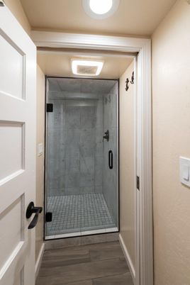 Bathroom, Glass Shower, Interior, Wood Texture Flooring