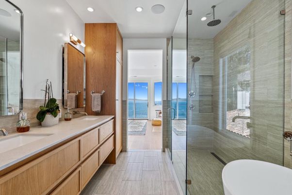 Bathroom, Dual Sink Vanities, Glass Shower, Interior, Recessed Lighting, Water