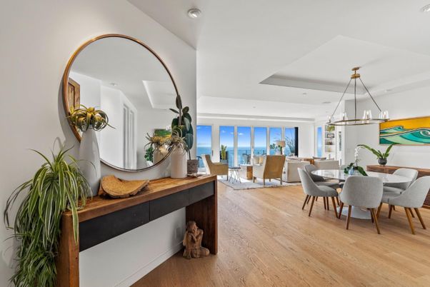 Chandelier, Dining room, Fireplace, Interior, Pendant Lights, Recessed Lighting, Water, Wood Texture Flooring