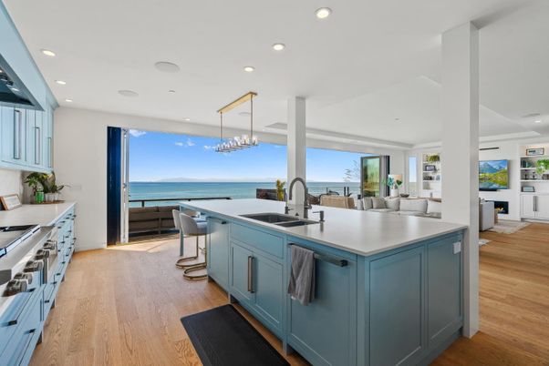 Interior, Kitchen, Pendant Lights, Recessed Lighting, Stainless Steel Appliances, Water, Wood Texture Flooring