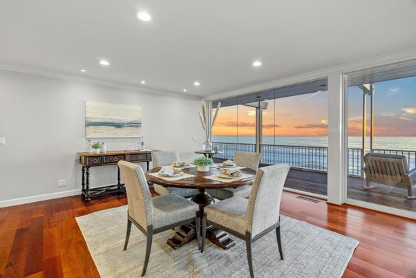 Dining room, Interior, Recessed Lighting, Water, Wood Texture Flooring