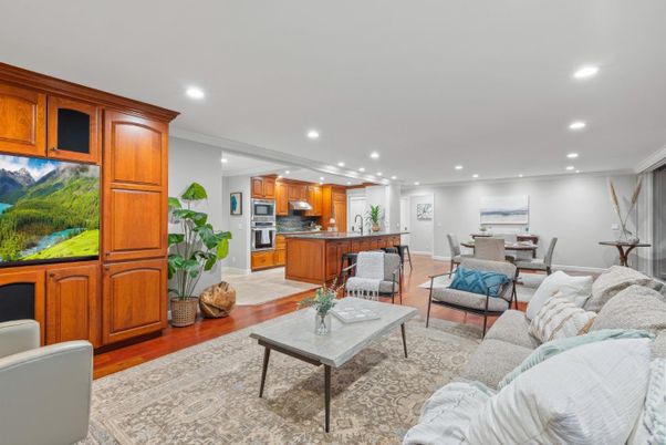 Dining room, Interior, Kitchen, Living room, Recessed Lighting, Stainless Steel Appliances, Wood Texture Flooring
