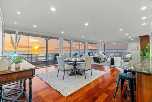 Dining room, Interior, Living room, Recessed Lighting, Water, Wood Texture Flooring