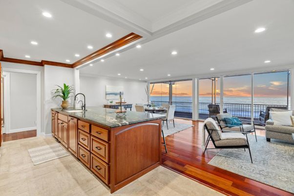 Dining room, Interior, Kitchen, Living room, Recessed Lighting, Water, Wood Texture Flooring
