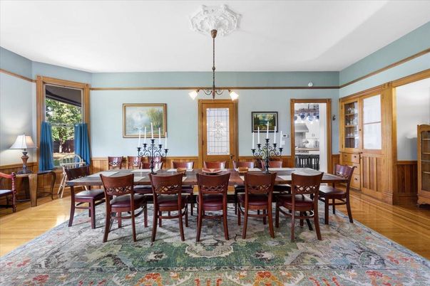 Dining room, Interior, Pendant Lights, Wood Texture Flooring