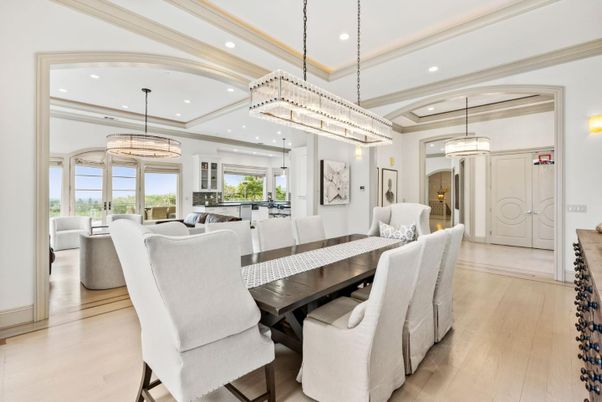 Chandelier, Dining room, Interior, Living room, Pendant Lights, Recessed Lighting, Wood Texture Flooring