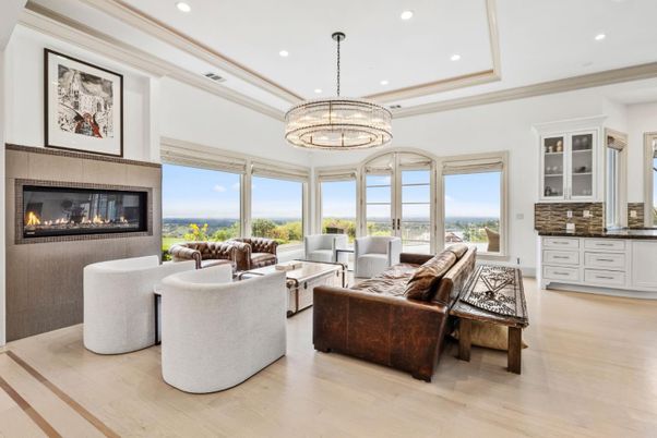 Chandelier, Fireplace, Interior, Living room, Recessed Lighting, Wood Texture Flooring